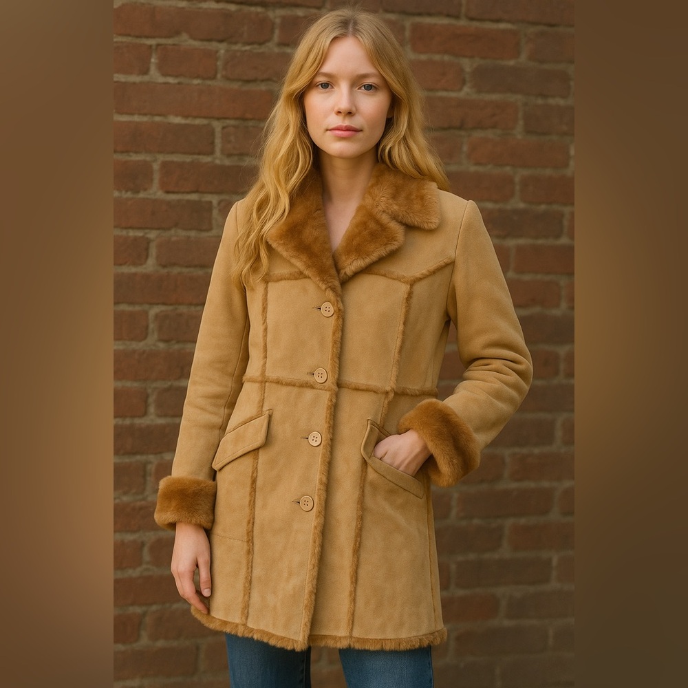 Y2K Genuine Suede Penny Lane Coat Tan Brown Faux Shearling Pegabo (M Fits Sm)